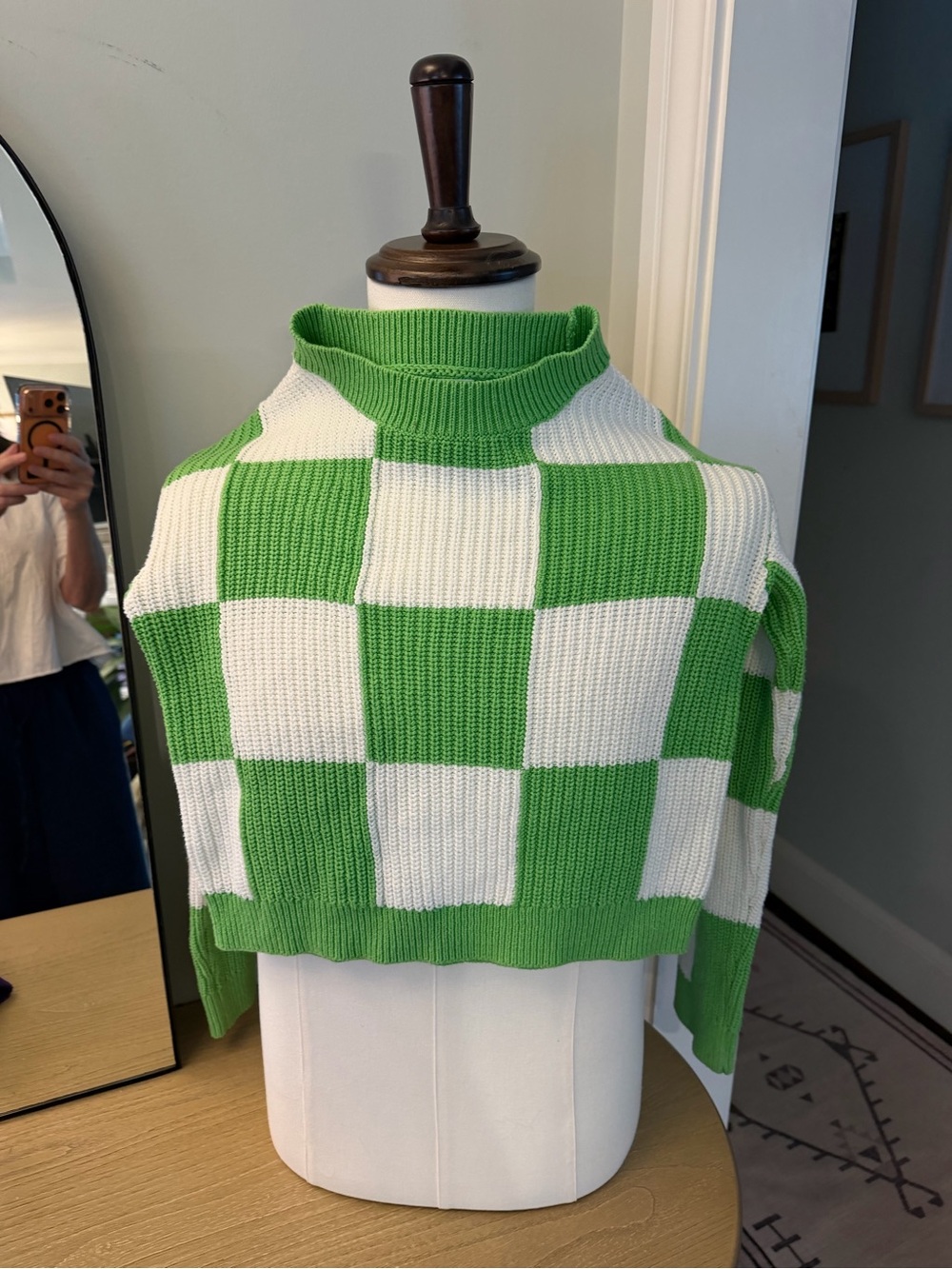 GREY LAB Green and White Checkerboard Turtleneck crop Sweater xs